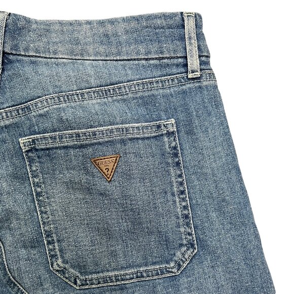 GUESS Military Patch Detail Women’s Size 27 Denim Mini Skirt Blue Raw Hem Y2K - Picture 10 of 11